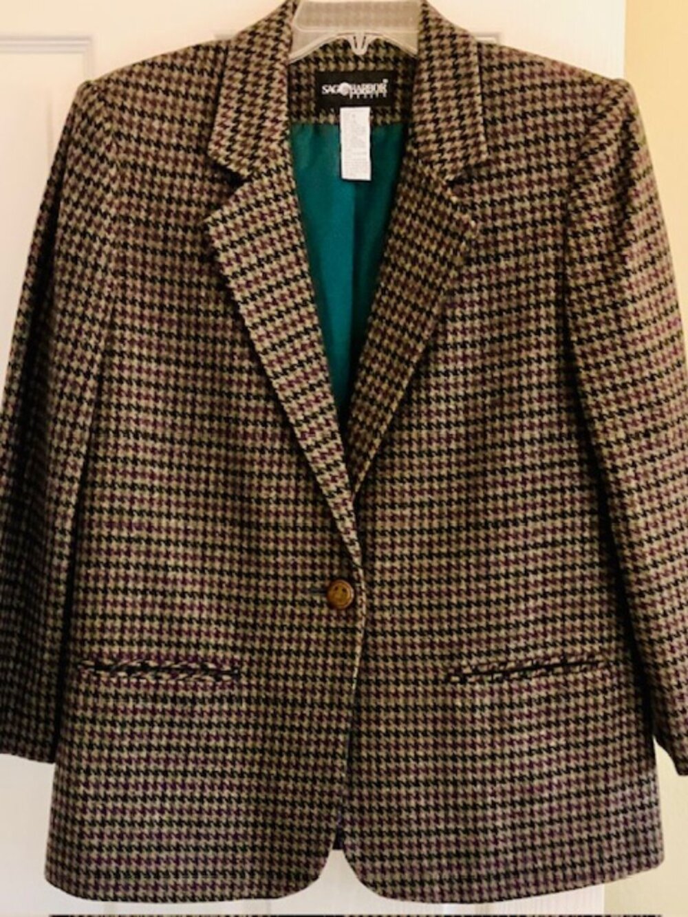 Sag Harbor wool houndstooth plaid blazer size 10p gray, hunter green tailored - Picture 2 of 6